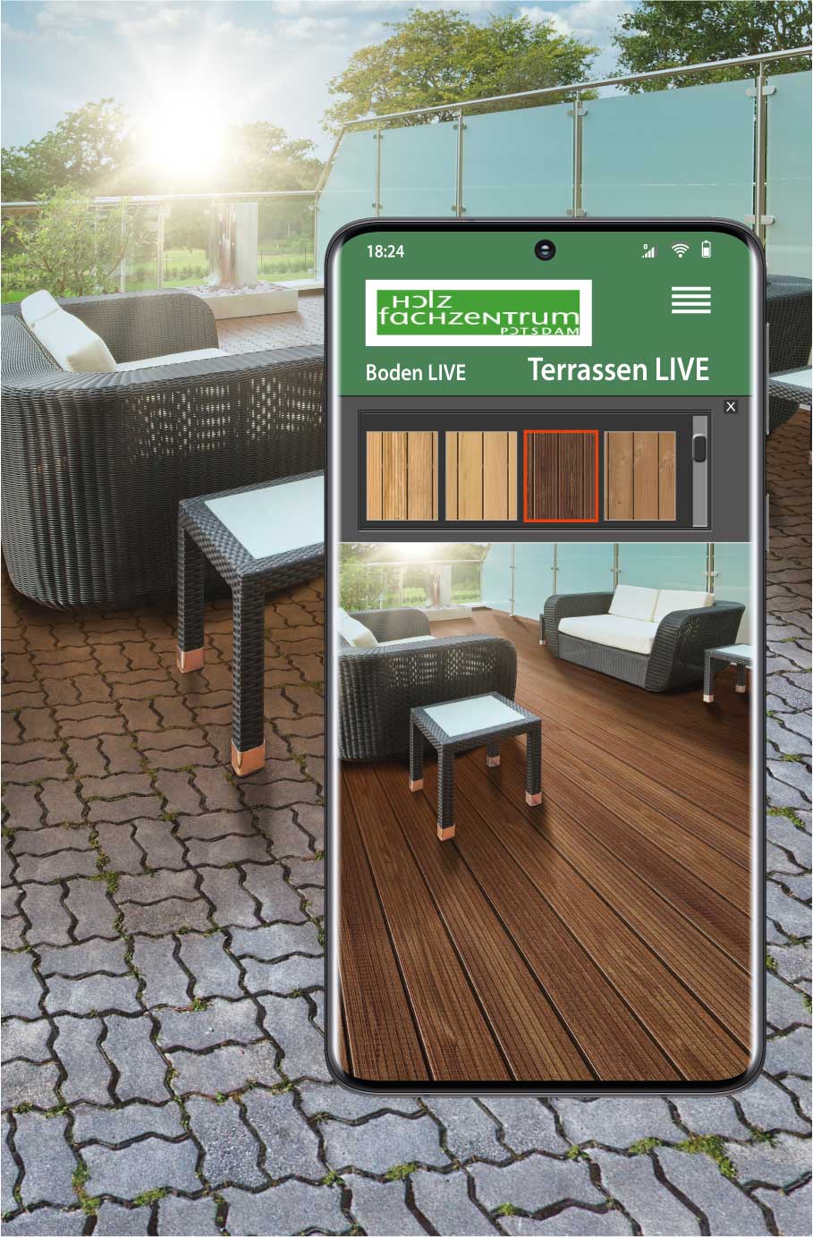 Smartphone mit Ansicht einer Terrasse - nutzen Sie Terrasse LIVE vom Holzfachzentrum Potsdam